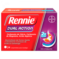 Rennie Dual Action, 625 mg + 73.5 mg + 150 mg Fita termossoldada 24 Unidade(s) Comp mast, 625 mg + 73.5 mg + 150 mg x 24 comp mast